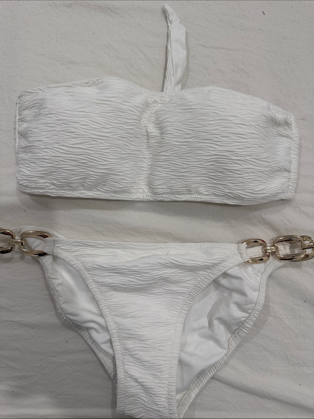 Melissa Odabash White Textured Bandeau Bikini with Gold Links